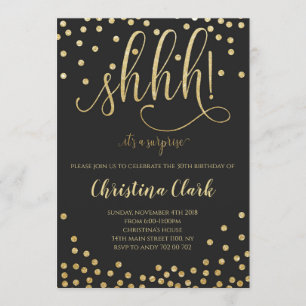 Invitation Shh Surprise fête d'anniversaire Black Gold Confet