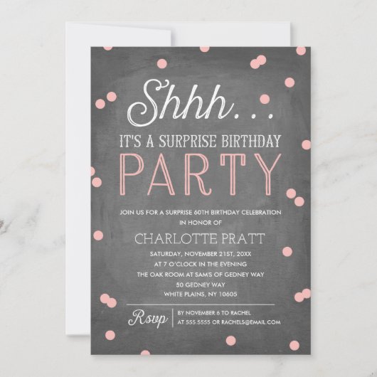 Invitation Shh Surprise fête d'anniversaire rose et tableau d (Devant)