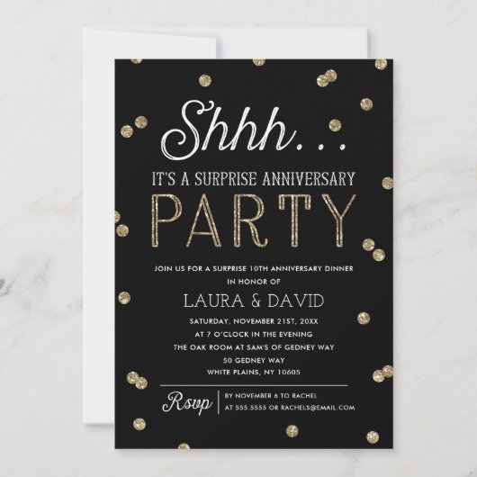 Invitation Shh Surprise Parties scintillant Confetti Annivers (Devant)