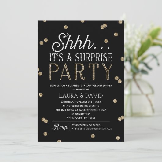 Invitation Shh Surprise Party Faux Gold Parties scintillant C (Debout devant)
