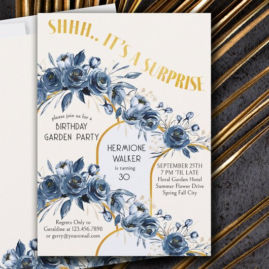 Invitation Shhh C'est un Surprise Gold Arch Blue Rose Anniver