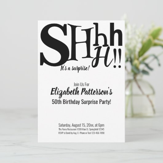 Invitation Shhh C'est une surprise fête d'anniversaire Adulte (Debout devant)