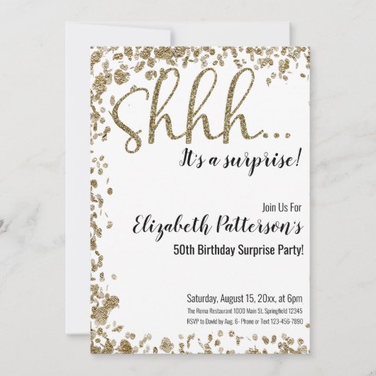 Invitation Shhh C'est une surprise fête d'anniversaire Gold A (Devant)