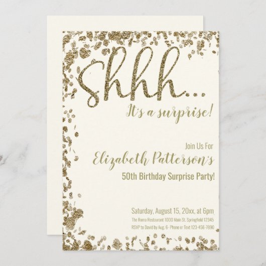 Invitation Shhh C'est une surprise fête d'anniversaire Gold A (Devant / Derrière)
