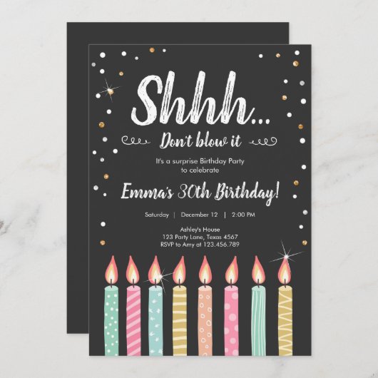 Invitation Shhh C'est une Surprise Gold Confetti fête d'anniv (Devant / Derrière)