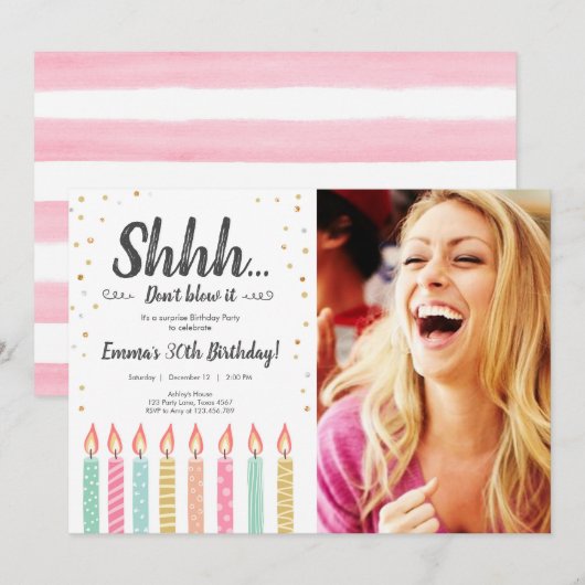 Invitation Shhh C'est une Surprise Gold Confetti fête d'anniv (Devant / Derrière)