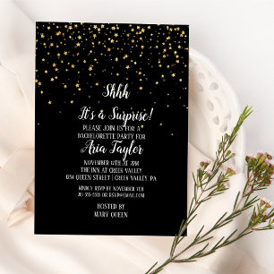 Invitation Shhh C'est une surprise Gold Confetti sur Black Pa