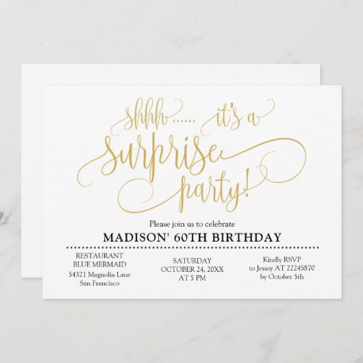 Invitation Shhh Surprise fête d'anniversaire (Devant / Derrière)