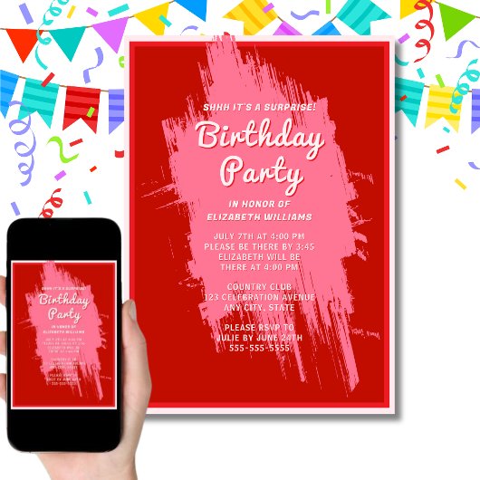 Invitation Shhh Surprise fête d'anniversaire Preppy Pink Glam