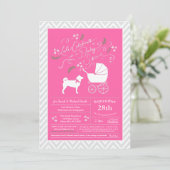 Invitation Shiba Inu Chien Baby shower fille rose (Debout devant)