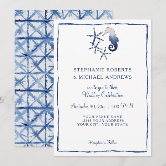 Invitation Shibori Tie Dye Indigo Seahorse Starfish Beach Art (Devant / Derrière)