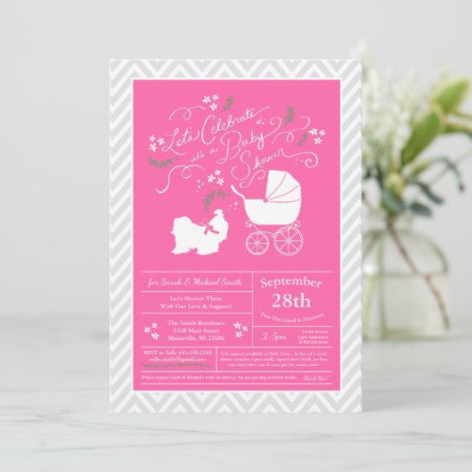 Invitation Shih Tzu Chien Baby shower Rose Girl (Debout devant)