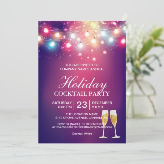 Invitation Shiny Bokeh String Lights Holiday Cocktail Party (Debout devant)