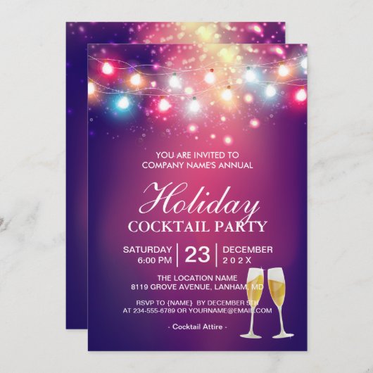 Invitation Shiny Bokeh String Lights Holiday Cocktail Party (Devant / Derrière)