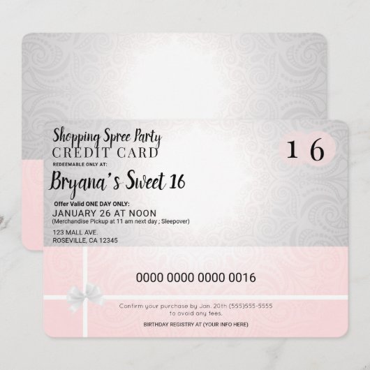 Invitation Shopping rose vif Superficie Crédit Sweet 16 Parti (Devant / Derrière)