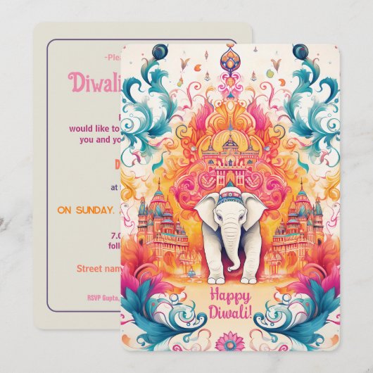 Invitation 🐘 Shubh Diwali avec l'élégance de l'aquarelle (Devant / Derrière)