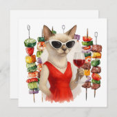 Invitation Siamese Cat is drinking wine Barbecue party  (Devant / Derrière)