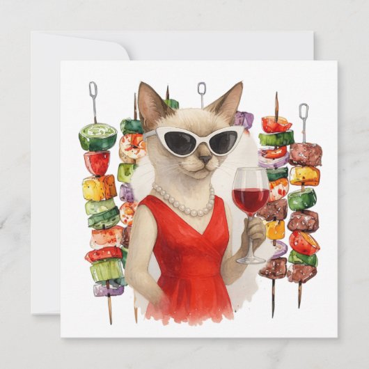 Invitation Siamese Cat is drinking wine Barbecue party  (Devant)