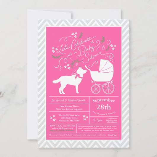 Invitation Sibérie Husky Chien Baby shower fille rose (Devant)