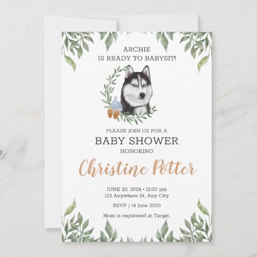 Invitation Sibérie Husky Chien Boy Boho Baby shower verdoyant (Devant)
