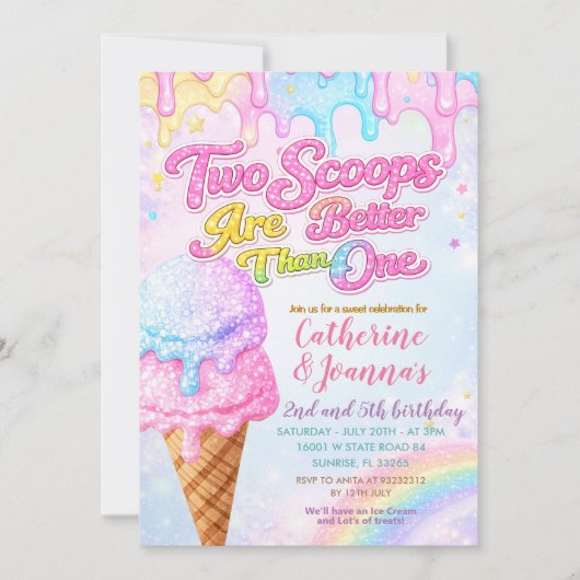 Invitation Sibling Double the Scoops Joint Birthday  (Devant)