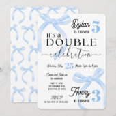 Invitation Siblings Double Birthday Blue Coquette (Devant / Derrière)