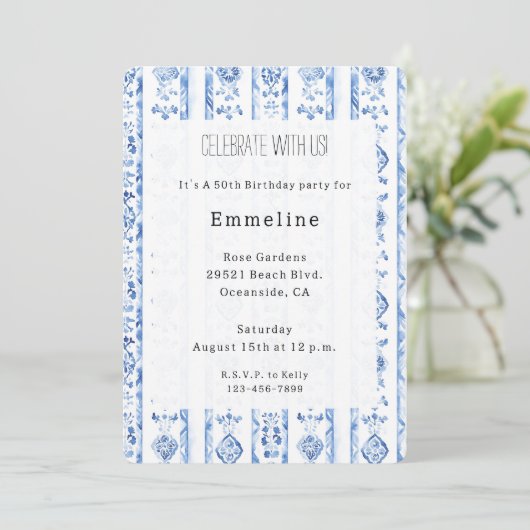 Invitation Sicily Italian Rustic Blue Stripes Birthday (Debout devant)