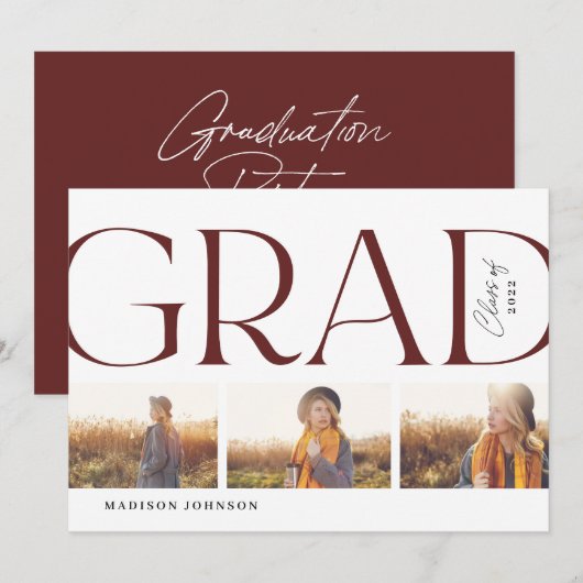 Invitation Side Typographie Graduation 2022 3 Photo Party Red (Devant / Derrière)