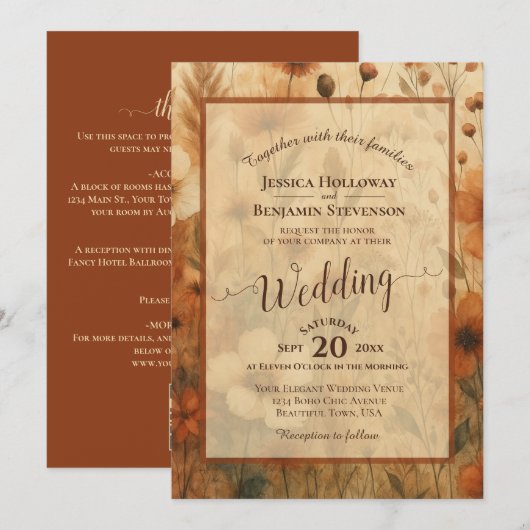 Invitation Sienna Boho Floral Calligraphy & QR Code Wedding (Devant / Derrière)