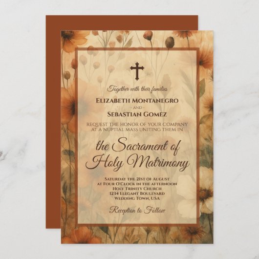 Invitation Sienna Boho Watercolor Floral Catholic Wedding (Devant / Derrière)