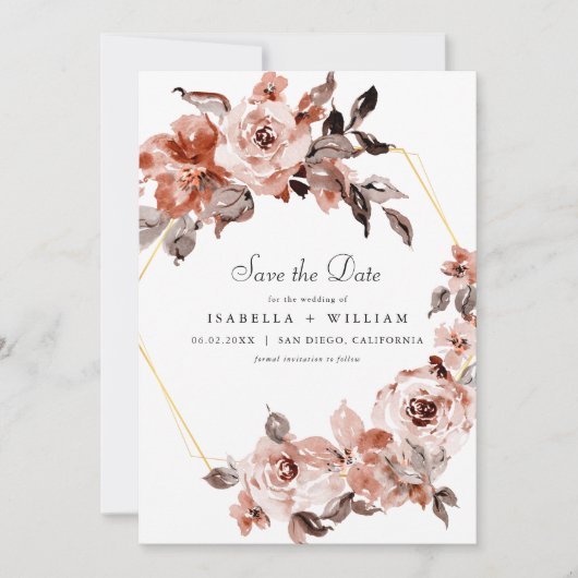 Invitation Sienna Floral et Gold Frame Enregistrer la date (Devant)