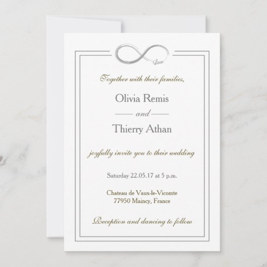 Invitation Signal d'infini unique mariage blanc or gris (Devant)