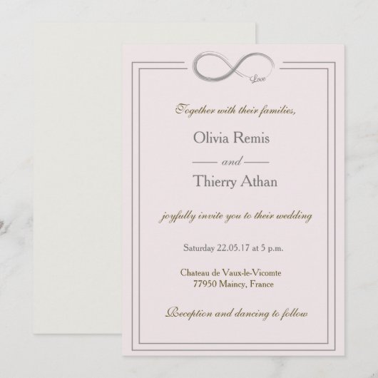 Invitation Signal d'infini unique rose rose or gris mariage (Devant / Derrière)