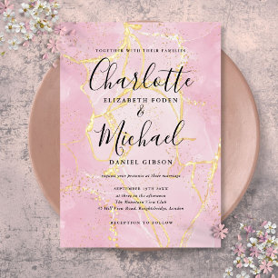 Invitation Signature Script Pink Gold Agate Mariage en marbre