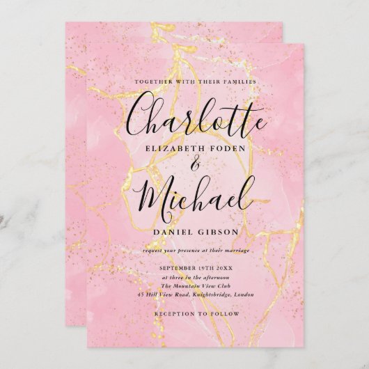 Invitation Signature Script Pink Gold Agate Mariage en marbre (Devant / Derrière)