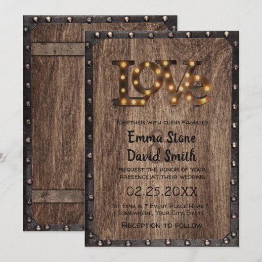Invitation SIGNE D'AMOUR Rustique Mariage Industriel Métal & (Devant / Derrière)