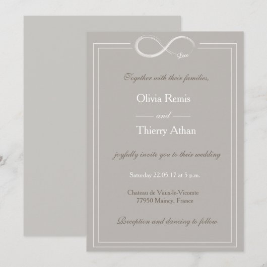 Invitation signe d'infini unique gris blanc taupe mariage (Devant / Derrière)