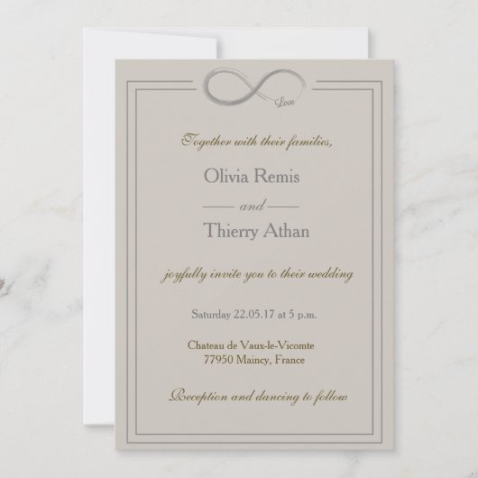 Invitation signe d'infini unique taupe gris or mariage (Devant)
