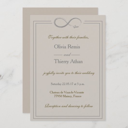 Invitation signe d'infini unique taupe gris or mariage (Devant / Derrière)