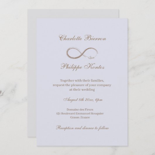 Invitation Signe Infini Mariage Élégant Lilas Gris Or (Devant / Derrière)