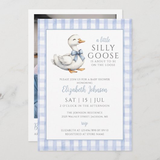 Invitation Silencieux Baby shower bleu oie Photo QR Code (Devant / Derrière)