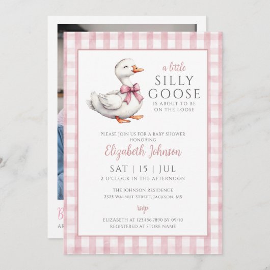 Invitation Silencieux Baby shower rose oie Photo QR Code (Devant / Derrière)