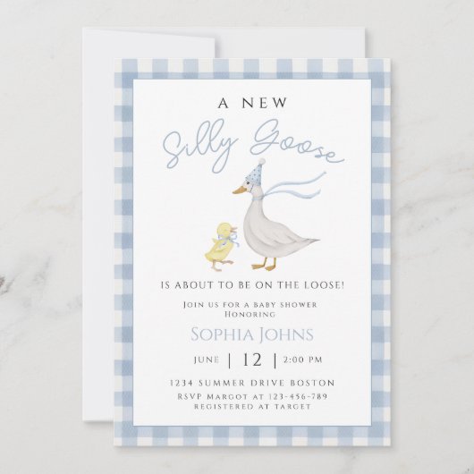 Invitation Silencieux Goose Blue En vichy Bow Duck Boy Baby s (Devant)