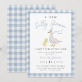 Invitation Silencieux Goose Blue En vichy Bow Duck Boy Baby s (Devant / Derrière)