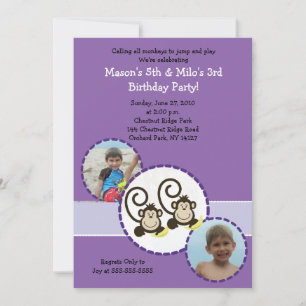 Invitation Silencieux Singe PURPLE Photo Anniversaire Invitat