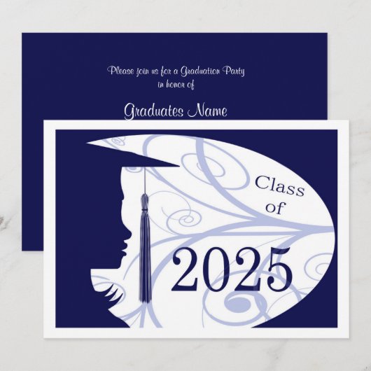 Invitation Silhouette bleu et blanc 2025 Graduation Party (Devant / Derrière)