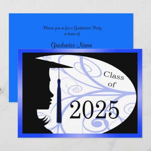 Invitation Silhouette bleue et noire 2025 Graduation Party (Devant / Derrière)