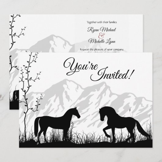 Invitation Silhouette Chevaux et Montagne Noir Blanc Mariage (Devant / Derrière)