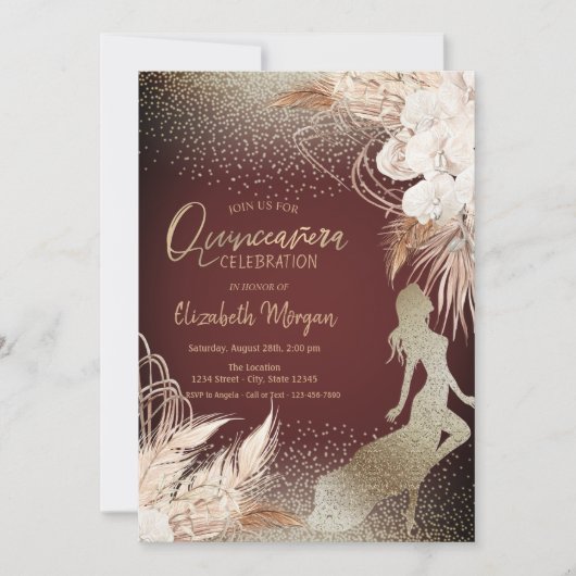 Invitation Silhouette de fille, fleurs boho florales herbe de (Devant)