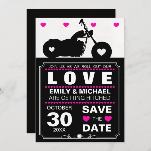 Invitation Silhouette de moto noir et blanc, Save the Date (Devant / Derrière)